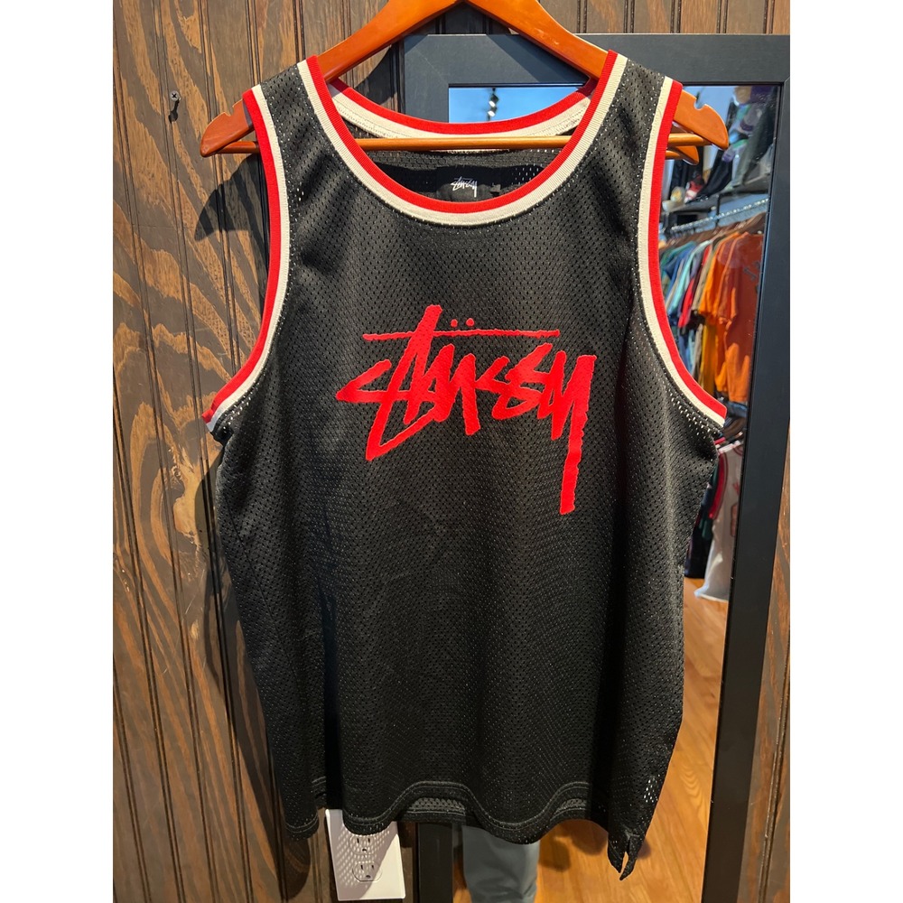 Stussy Mesh Basketball Jersey Black Red Graffiti Logo Sleeveless Tank Top